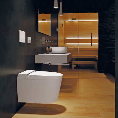 Modułowa toaleta myjąca, umywalka nablatowa, sauna, drewniana podłoga