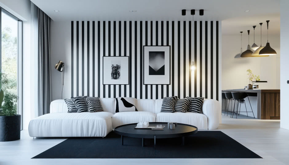 Efektowny pomysł na ścianę! Pasy dodają wnętrzu dynamiki i zachwycają ekstrawaganckim charakterem