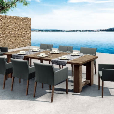 Drewniany stół i nowoczesne krzesła - meble ogrodowe