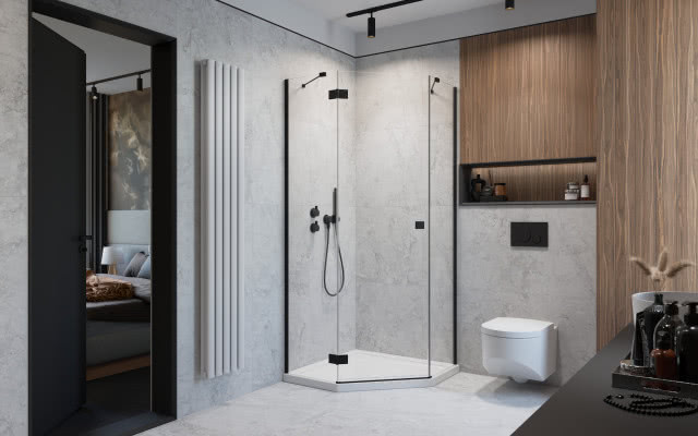 drewno na ścianie, kabina prysznicowa narożna, sedes, czarny blat, grzejnik ozdobny, sypialnia