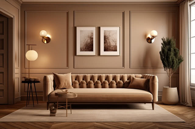 obrazy nad kanapą ,salon w brązach