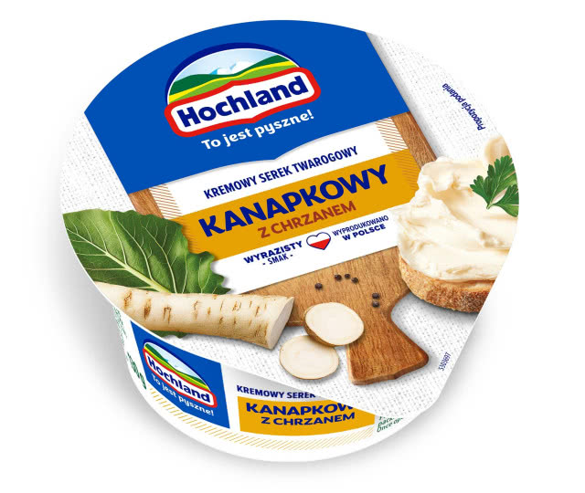 Hochland Kanapkowy z chrzanem, rekomendowana cena detaliczna 130 g/4,99 zł.