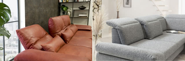 skórzana kanapa w kolorze brązu, szara kanapa, kwiaty, regał