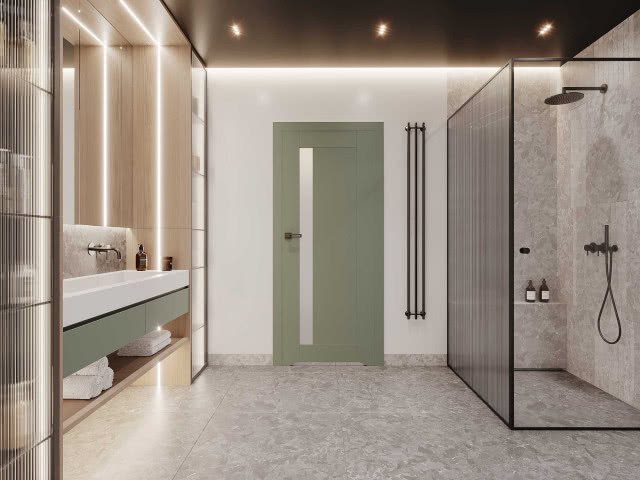 drzwi do łazienki w kolorze szałwii 