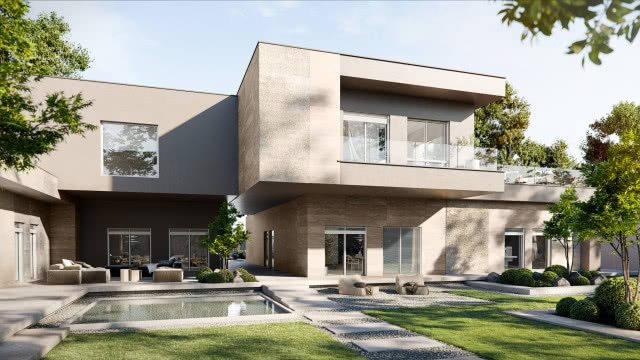 duże okna, żaluzje, ogród z basenem