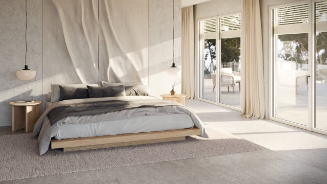 sypialnia, duże okna z żaluzjami i widokiem na ogród