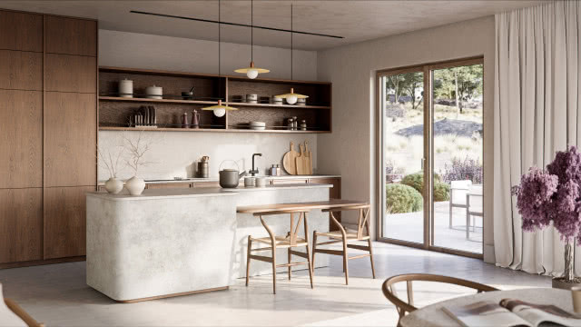 Kuchnia z wyspa i dużym oknem z widokiem na ogród