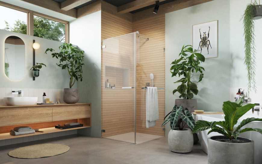 kabina prysznicowa, drewniana szafka umywalkowa, umywalka nablatowa, kwiaty zielone, wanna wolnostojąca
