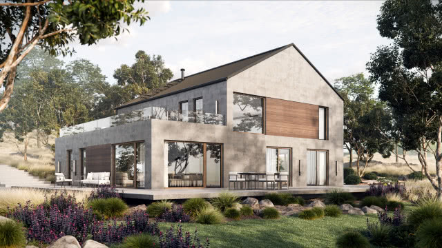 dom z dużymi oknami - widok z zewnątrz