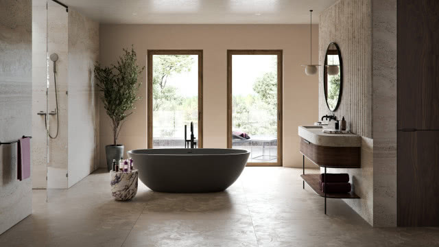 Łazienka, wanna wolnostojąca, prysznic, duże okna z widokiem na las