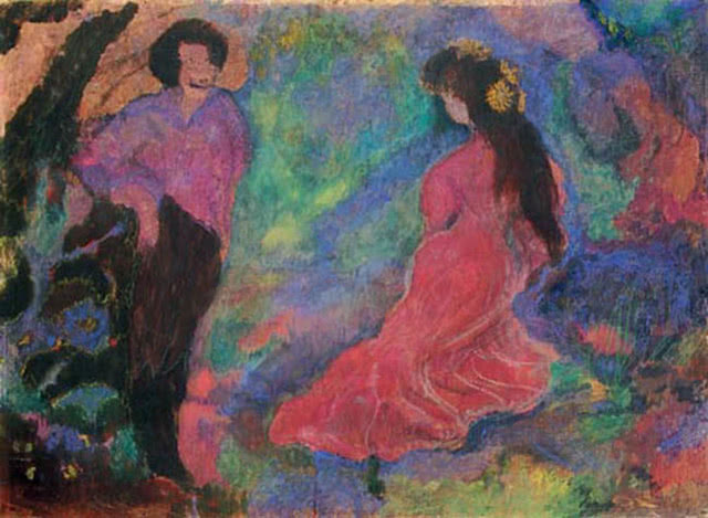 kobieta i mężczyzna stoją naprzeciwko siebie, kolory pastelowe