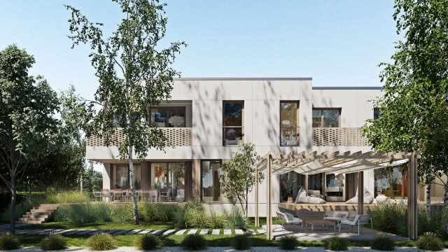 domy, trawniki, drzewa, altanka, krzesła, stolik, trawnik, drzewa