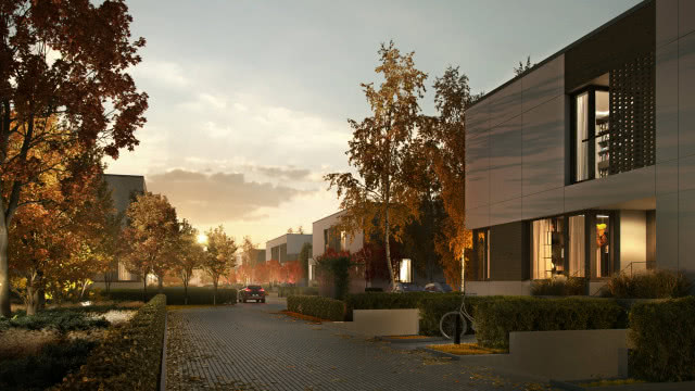 osiedle nocą, samochód, rower, chodniki, trawniki, żywopłot, liście