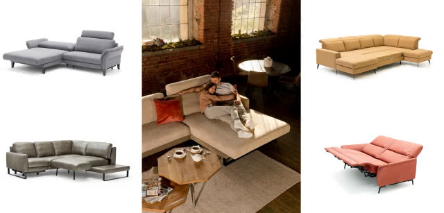 kanapy rozkładane w kolorze szarym, brązowym, żółtym, czerwonym, drewniane stoliki kawowe, filiżanki dzbanek do kawy, szary dywan, okrągły stół w jadalni, cegła na ścianie