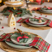 Dekoracja stołu świątecznego ze złotymi sztućcami