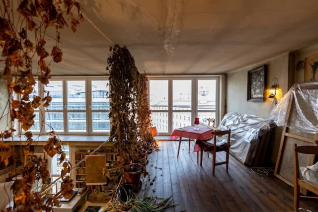 antresola, zwiędłe kwiaty