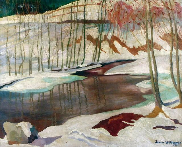 rzeczka, śnieg i drzewa