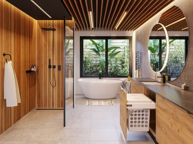 łazienka w drewnie z prysznicem i wanną