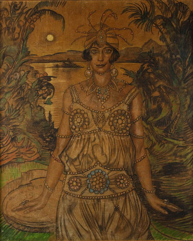 kobieta ujęta en face w stroju orientalnych i turbanie