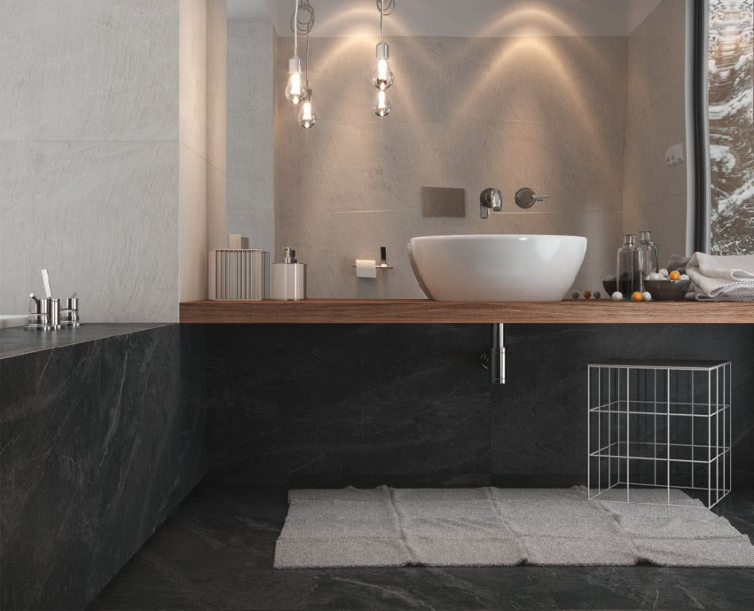 Łazienka wykończona płytkami Yakara z...