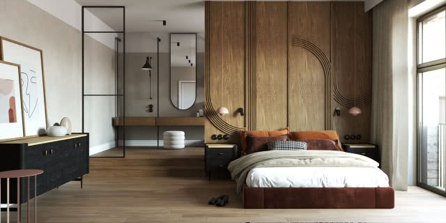 Proj. Katarzyna Stojałowska, duże łóżko, duże lustro, pufa, kinkiet, komoda, szafki nocne, duże okno, lampy sufitowe, stolik