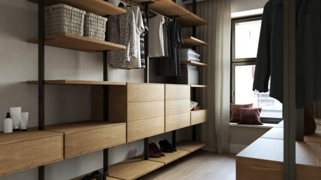 Proj. Katarzyna Stojałowska. garderoba, półki, wieszaki, poduszki, kosmetyki, kosze