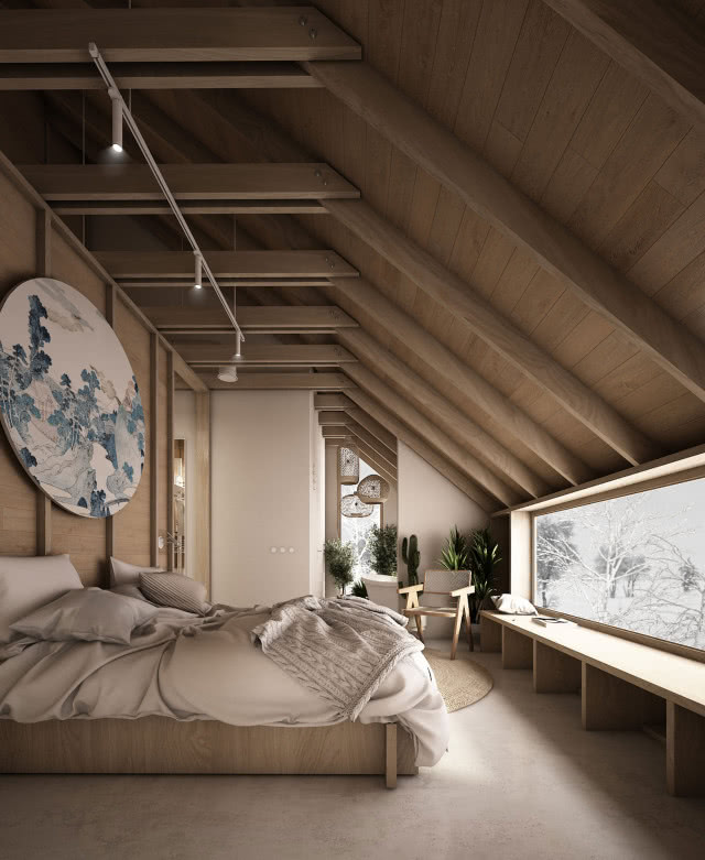 Proj. Weronika Tomasik, sypialnia, duże łóżko, okno, okrągły obraz, krzesło, dywan, belki stropowe