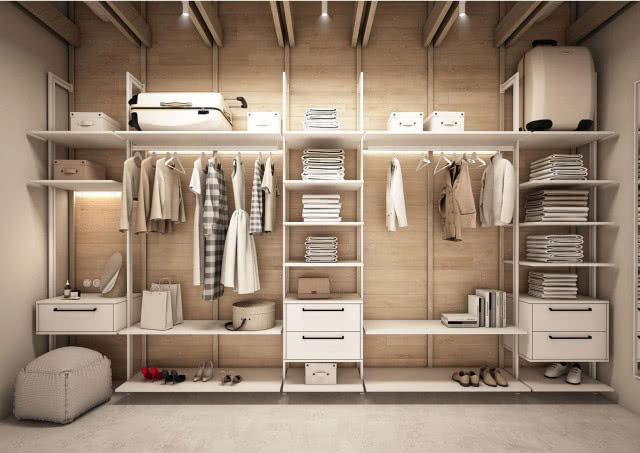 Proj. Weronika Tomasik, garderoba, pufa, buty, ubrania, wieszaki, walizka, toaletka