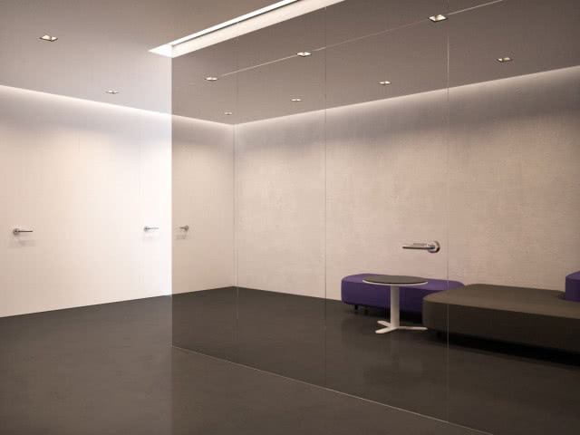 drzwi schowane, lustra, ławki, stolik