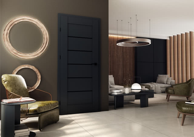 Nowość - Model Kampo w standardzie z szybą Dark Grey, dekor na aranżacji: czarny mat