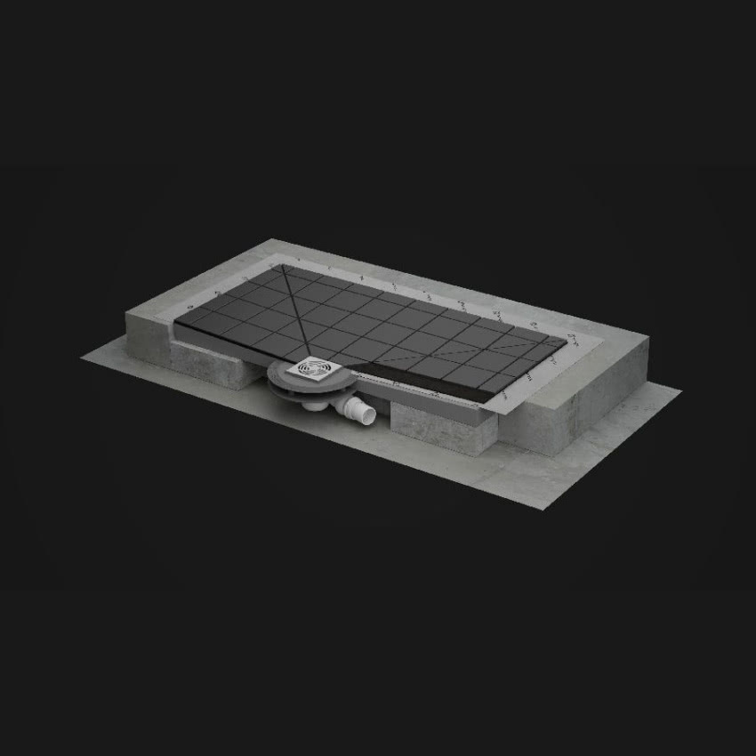 Przekrój płyty prysznicowej Radaway z kratką...