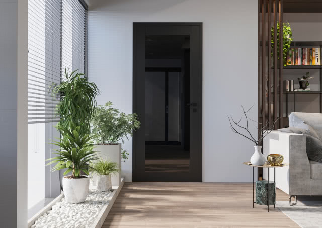 Skrzydło bezprzylgowe Loft 70, szyba malowana czarna, dekor na aranżacji: czarny mat