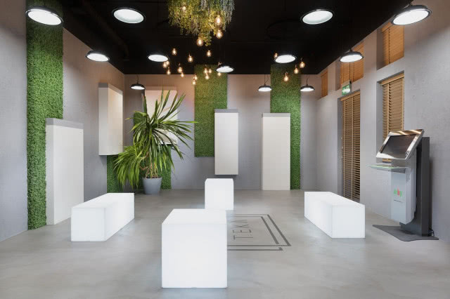 świecące stołki z kwiatami doniczkowymi