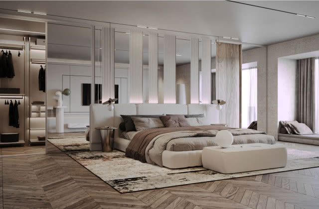 Proj. Anna Raczyńska, sypialnia, duże łóżko, dywan, oświetlenie sufitowe, stoliki nocne, siedzisko przy oknie, lustra na ścianie, lamele na ścianie, garderoba, jodełka na podłodze