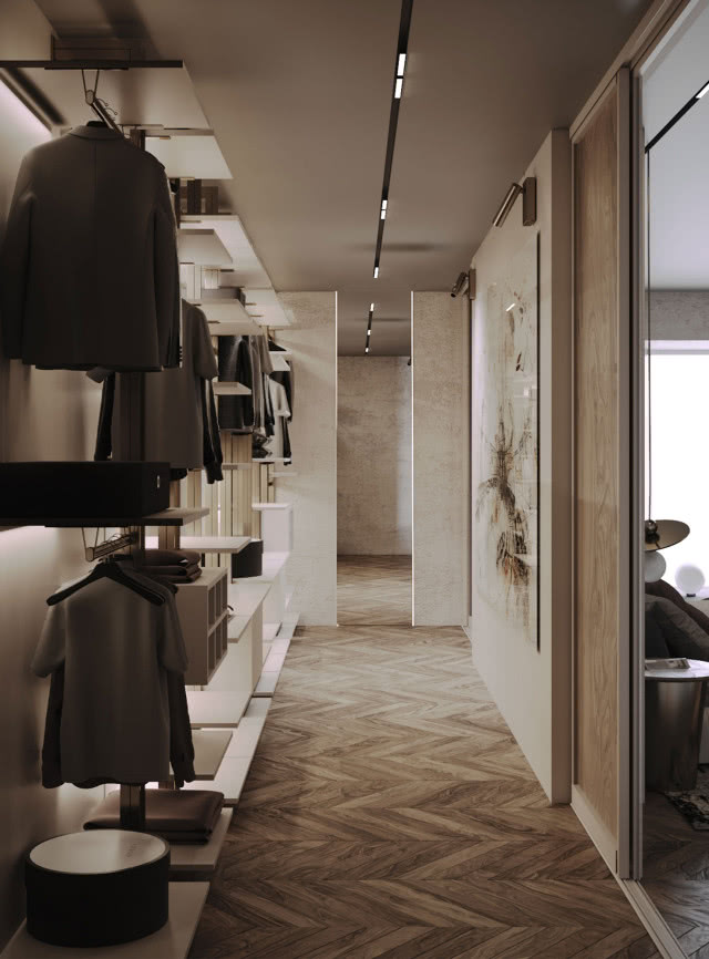 Proj. Anna Raczyńska, garderoba, ubrania, obraz, półki, wieszaki