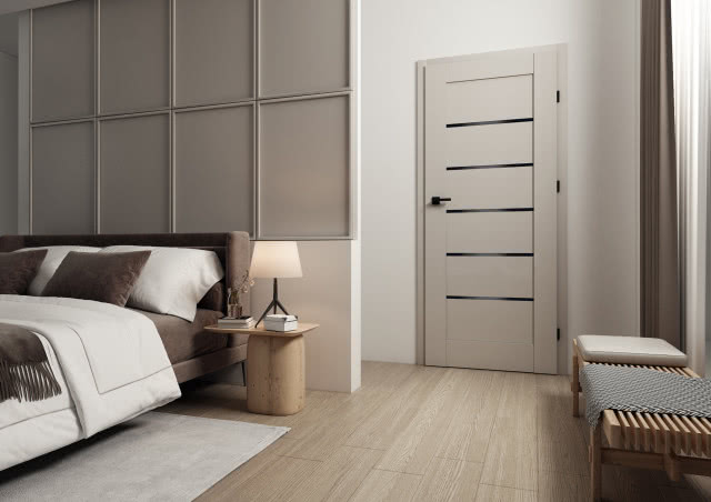 Nowość – stylowy model Kampo z subtelnymi ciemnymi przeszkleniami, na aranżacji nowy dekor: Cashmere