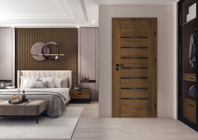 Skrzydło przylgowe Vanilla w eleganckim dekorze orzech Palermo w zestawieniu z ciemną szybą Dark Grey (opcja za dopłatą)