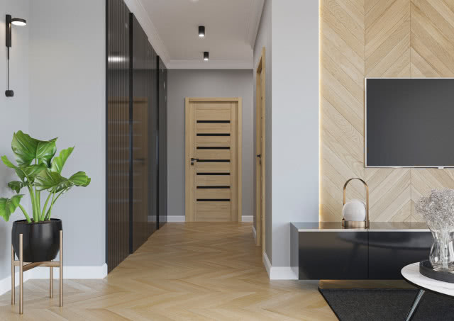 Model Vanilla z szybą Dark Grey (opcja za doplatą), dekor na aranżacji dąb Bawaria 