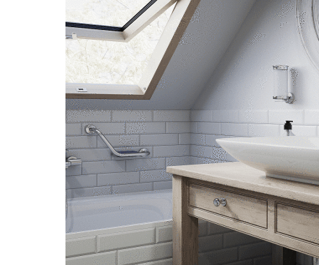 Łazienka na poddaszu – strefa wanny i umywalki z bateriami Algeo