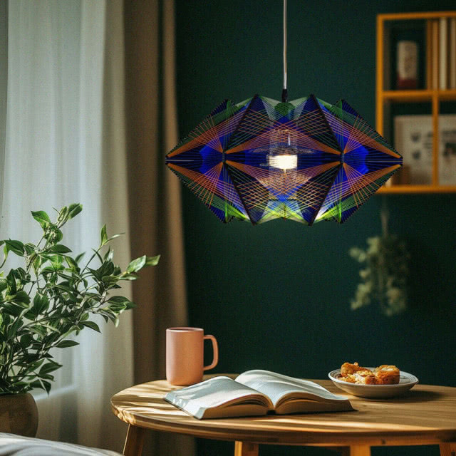 granatowa lampa wisząca na tle ściany zielonej