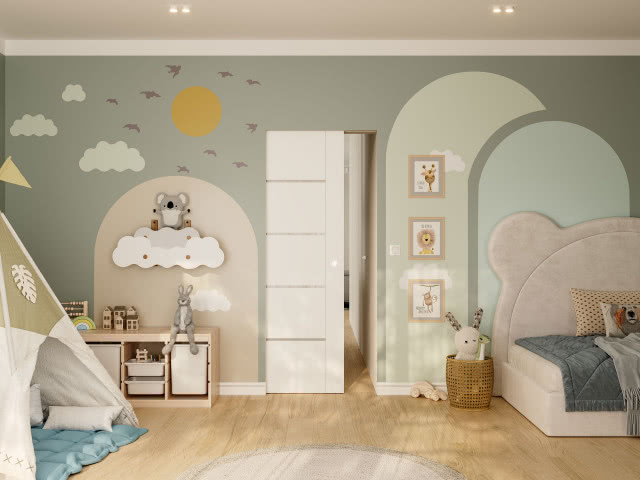 Kaseta bezościeżnicowa Mobi 10 biały mat drzwi szeroki kadr, pokój dziecka, drewniana podłoga, namiot, na ścianie chmurki i ptaki, komoda