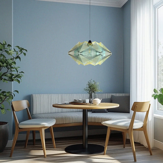 lampa wisząca w pokoju nad okrągłym stołem