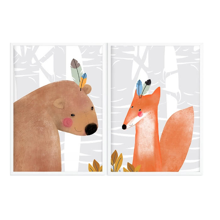 Zestaw dwóch grafik ze zwierzętami leśnymi,...