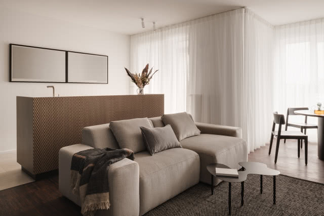 spokojne wnętrze z ciemnymi meblami