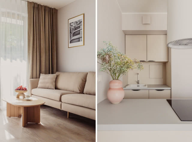 Beżowy aneks kuchenny w wakacyjnym apartamencie