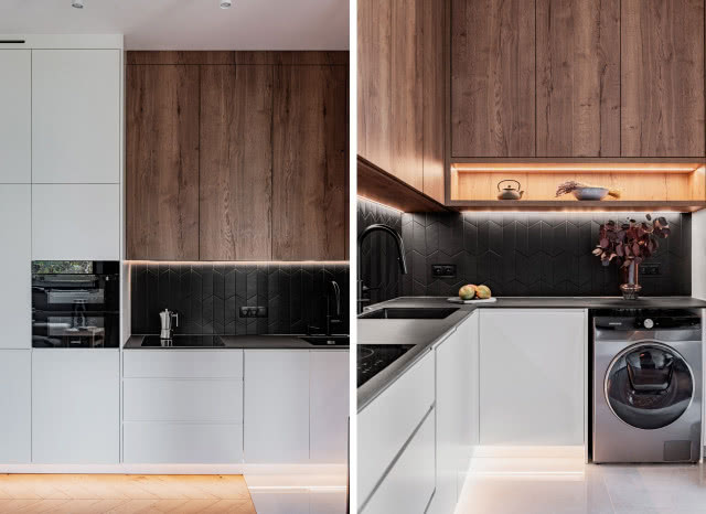 biało-drewniana kuchnia z podświetleniem led