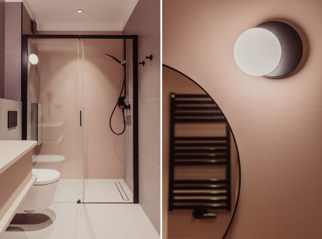 różowa łazienka z czarnymi detalami