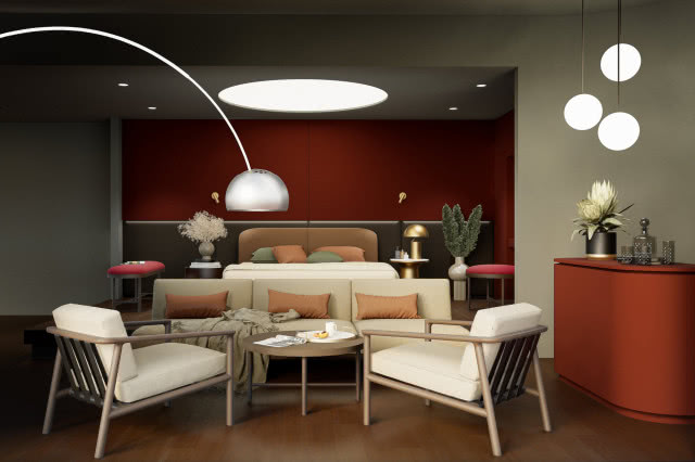 meble w kolorze chili, wyspa kuchenna, sypialnia, kanapa, krzesła, stolik kawowy, oświetlenie podłogowe, sufitowe i punktowe