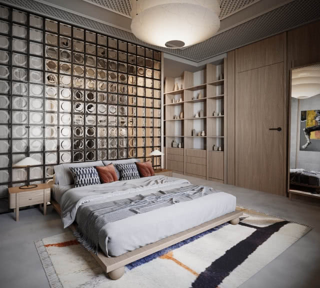 ściana z luksferów w sypialni