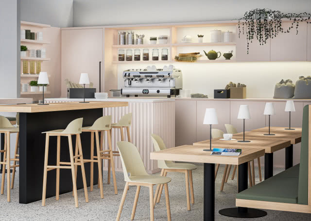 meble w kolorze soli himalajskiej, wyspa kuchenna, stołki barowe, ekspres do kawy, półki, kwiat, worki